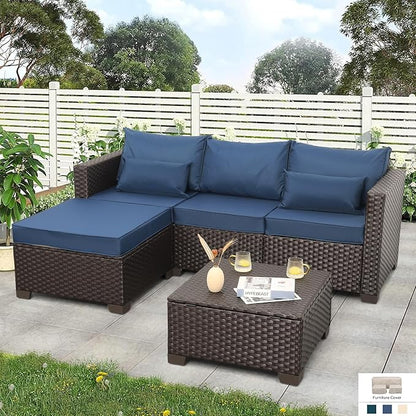 Patio Furniture Set 3 Pieces Outdoor Sectional Sofa Set Wicker Patio Furniture Outdoor Couch Outdoor Ottoman Coffee Table with Storage All-Weather Anti-Slip Cushions Waterproof Covers, Navy Blue