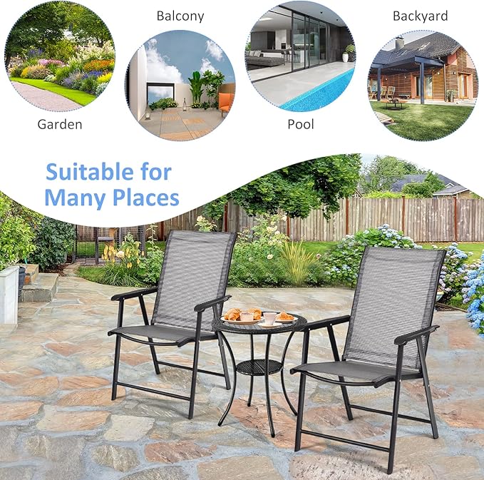 Tangkula Set of 4 Patio Folding Chairs, Outdoor Fabric Dining Chairs with High Back & Armrests, Sturdy Metal Frame for Patio Lawn Garden (Grey)