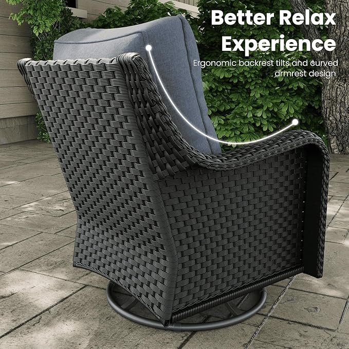 5 Pieces Outdoor Patio Furniture Sets with Rocking Swivel Chairs with 6-inch Thick Cushion and Fire Pit Table for Deck Lawn