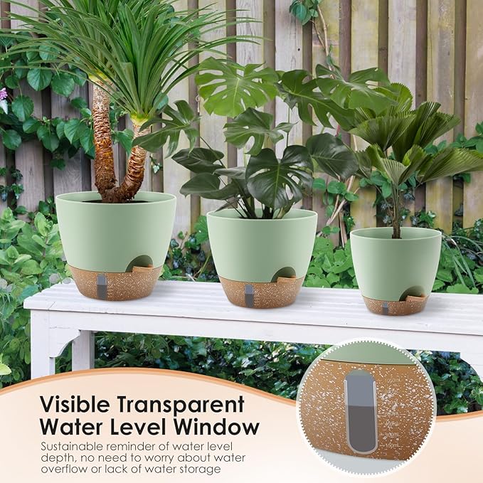 QRRICA 12/10/9 Inch Self-Watering Plant Pots with Water Level Indicator, Drainage Holes & Saucers – Large Plastic Planter Set for Indoor & Outdoor Plants (Green)