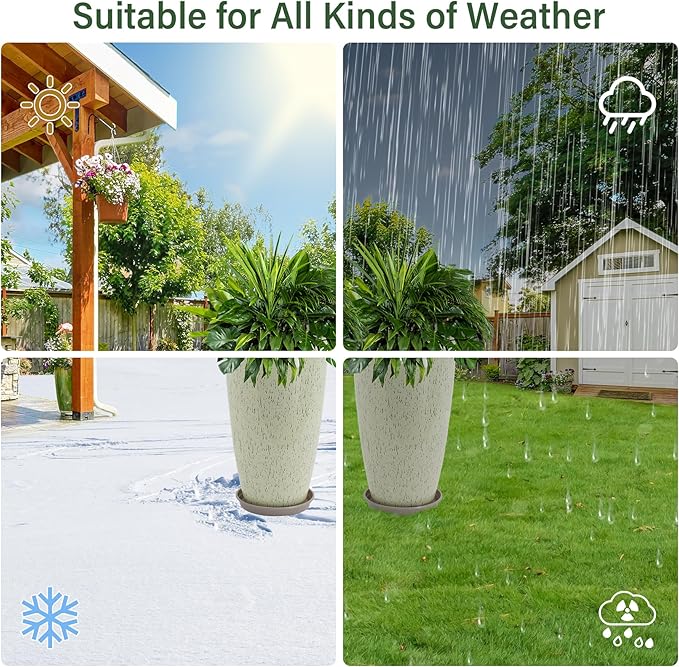 Neoaider Set of 2 Lightweight Ceramic-Look Tall Planter, 21 inch Large Plastic Planter with Drain Hole & Saucers, Large Outdoor Planters for Porch, Garden, Patio, Balcony(Drip Glaze)