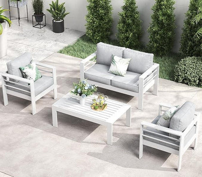 LayinSun Outdoor Aluminum Furniture Set, 4 Pieces Patio Sectional Conversation Chat Sofa Modern Seating Set with Coffee Table