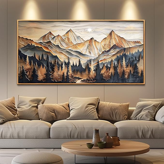 QIYILEXWART Wood Farmed Large Wall Decor For Living Room Canvas Wall Art For Office Modern Wall Decorations For Bedroom Mountain Landscape Painting Abstract Pictures Artwork Room Home Decor 24x48 In