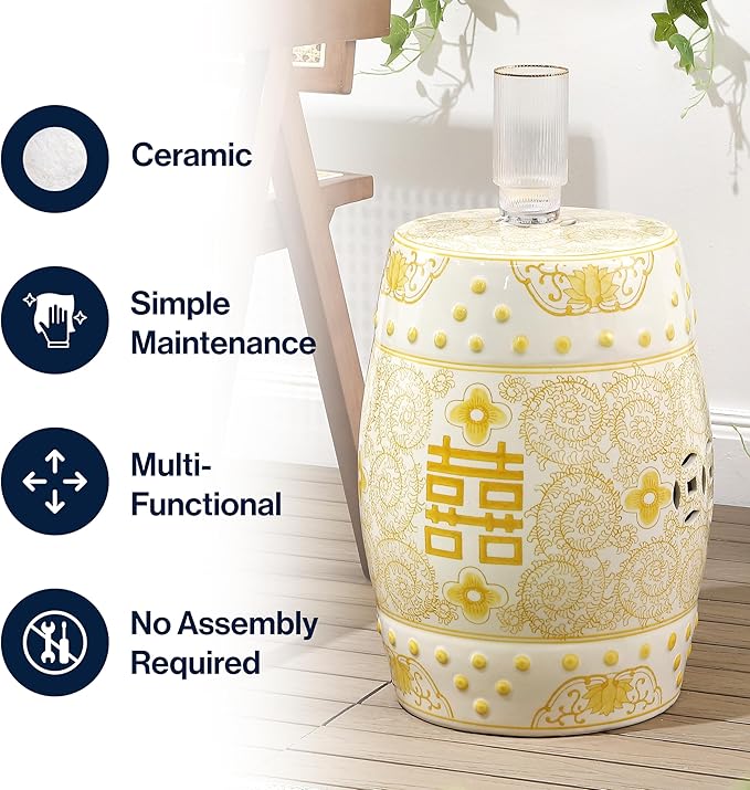 JONATHAN Y Double Happiness 18" Ceramic Garden Stool, Traditional Chinoiserie Yellow and White Indoor/Outdoor Patio Drum Accent Side Table and Plant Stand TBL1013B