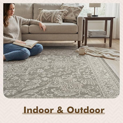 MontVoo-Outdoor Rug-Patio Rug 8x10 Polypropylene Indoor Outdoor Rugs Carpet for Patio Deck Balcony Porch, Textured Weave, Durable for High Traffic, Fade-Resistant, Vintage Medallion Silver Grey