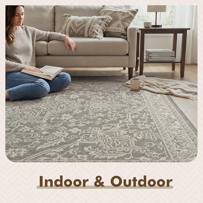 MontVoo-Outdoor Rug-Patio Rug 5x7 ft Polypropylene Indoor Outdoor Rugs Carpet for Patio Deck Balcony Porch, Textured Weave, Durable for High Traffic, Fade-Resistant, Vintage Medallion Silver Grey