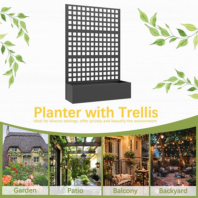Metal Planter Box with Trellis, 71"x 47"x 16" Raised Garden Bed, Planter Box Trellis with Privacy Screen and Drainage Holes, Black