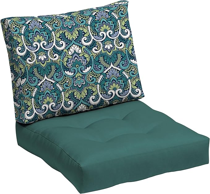 Arden Reversible Outdoor Plush Modern Tufted Blowfill Deep Seat Set, 24 x 24, Water Repellent, Fade Resistant, Deep Seat Bottom and Back Cushion for Chair/Sofa, Sapphire Aurora Blue Damask