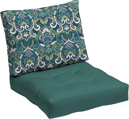 Arden Reversible Outdoor Plush Modern Tufted Blowfill Deep Seat Set, 24 x 24, Water Repellent, Fade Resistant, Deep Seat Bottom and Back Cushion for Chair/Sofa, Sapphire Aurora Blue Damask