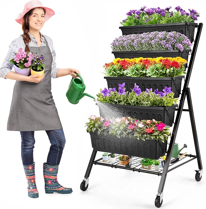 Homdox 4FT Vertical Garden Bed, 5 Tiers Vertical Raised Garden Planter, 25.6 * 26 * 48Inch Garden Raised Bed with 4 Hooks & 4 Wheels, Vegetable Flower Planter Raised Stand, Black with Storage Rack