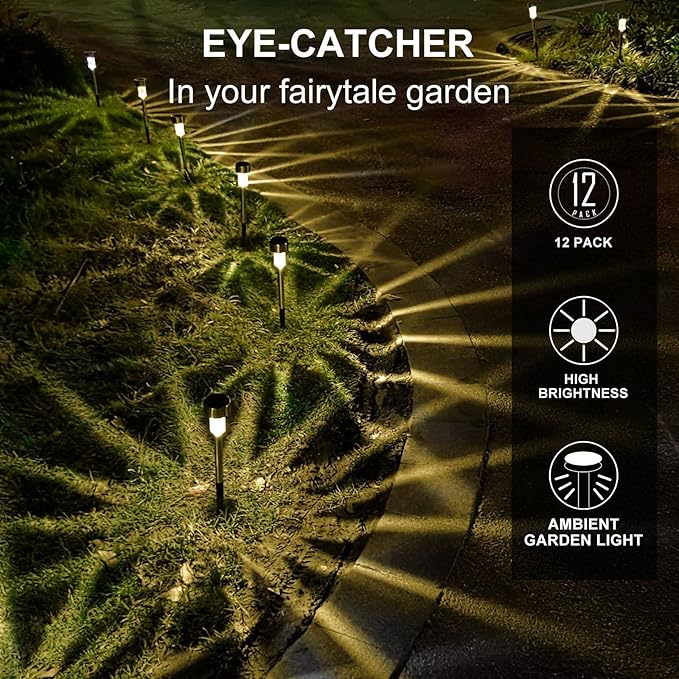Dream Master Solar Lights Outdoor Waterproof, Stainless Steel LED Landscape Lighting, Solar Garden Lights, Outdoor Christmas Decorations for Yard, Pathway, Walkway, Patio, Lawn - 12Pack(Warm White)