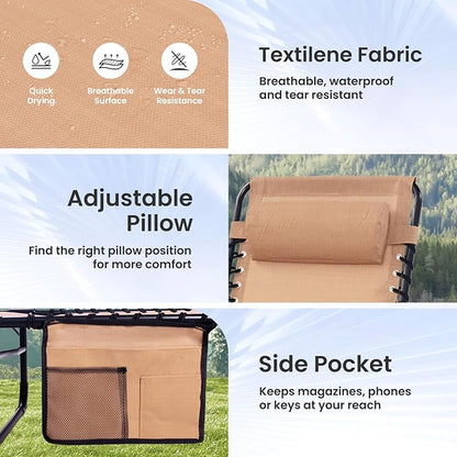 Outdoor Folding Chaise Lounge 5-Position Adjustable Recliner 400LB Heavy Duty Portable Patio Camping Beach Chair, Beige