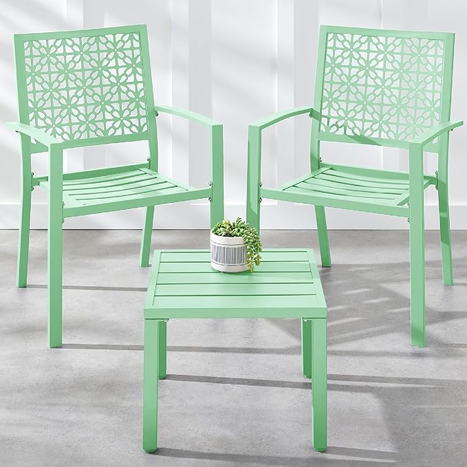 Best Choice Products 3-Piece Outdoor Bistro Set, Stackable Modern Steel Furniture for Porch, Garden w/ 2 Chairs, Table, Geometric Decor - Mint Green