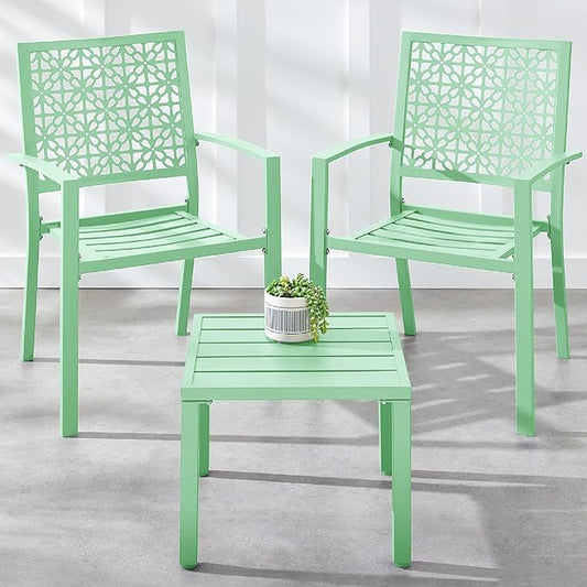 Best Choice Products 3-Piece Outdoor Bistro Set, Stackable Modern Steel Furniture for Porch, Garden w/ 2 Chairs, Table, Geometric Decor - Mint Green