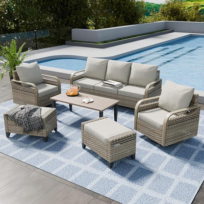 COOS BAY Modern Wicker Outdoor Furniture Set, Patio Conversation Set with Swivel Rockers, 3 Seat Couch, Ottomans, and Coffee Table, 6 Piece, Brown/Gray
