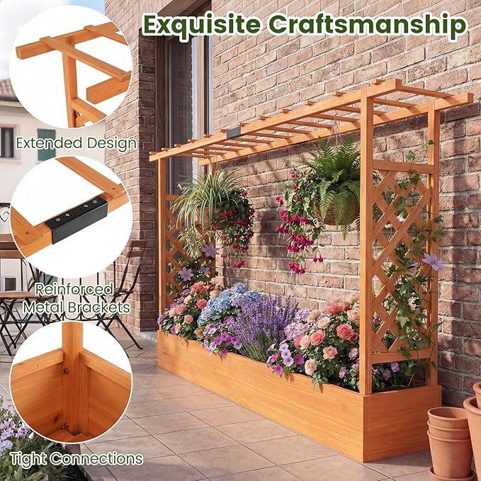 S AFSTAR Raised Garden Bed with Trellis, 2 Pieces Fir Wood Planter Box with Flat Roof & Drainage Holes, Vertical Planter Raised Bed for Climbing Plants, Flowers & Vegetables, 87" x 14" x 45" (Orange)