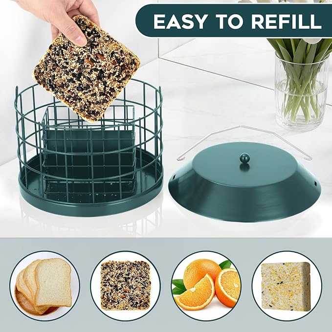 Gbekery Caged Suet Bird Feeder for Outdoors Hanging, Squirrel Proof Double Suet Feeder for Small Birds, Metal Cage with Detachable Hook, Large Space, Outdoors Weatherproof, Green