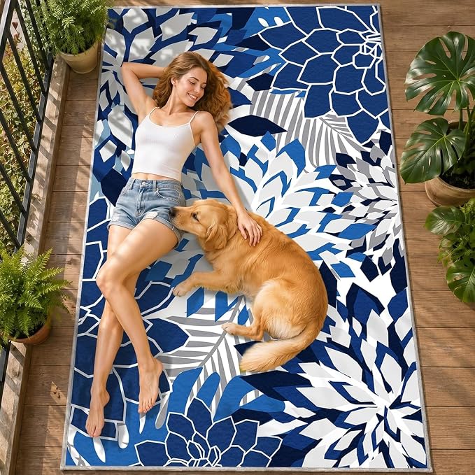 ZonLi Colorful Outdoor Rug 9x12Ft Waterproof Multicolored Indoor Area Rug Washable Outdoor Patio Rugs Tropical Floral Non Slip Outdoor Carpet for Living Room, Pool,Backyard,Deck,Camping