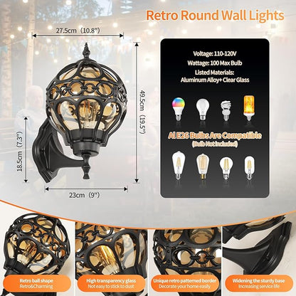 Globe Outdoor Wall Lights Fixtures, Anti Rust Black Sphere Porch Wall Light,Aluminum Waterproof Outside spherical hardwired Lights for House Patio Porch Backyard Garage Front Door No Sensor,Large