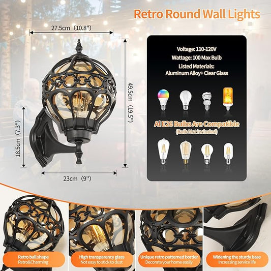 Globe Outdoor Wall Lights Fixtures, Anti Rust Black Sphere Porch Wall Light,Aluminum Waterproof Outside spherical hardwired Lights for House Patio Porch Backyard Garage Front Door No Sensor,Large