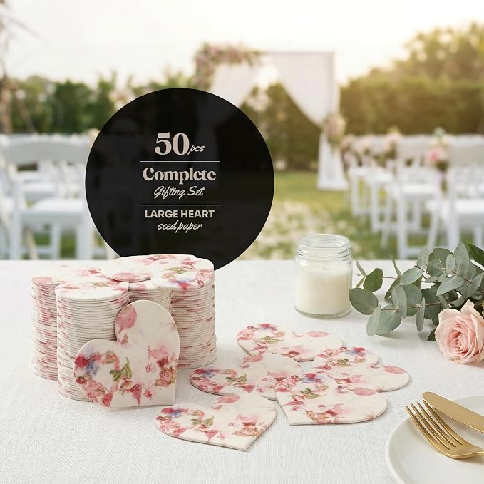 50pcs Large (2.5" h x 2.85" w) Blooming Heart Seed Paper – Writable & Plantable Wildflower, Mom's Gift for Birthday, Use for Wedding, Baby Shower, & Heart Party Favors
