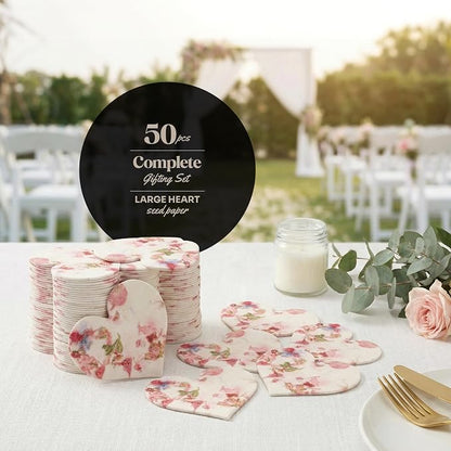 50pcs Large (2.5" h x 2.85" w) Blooming Heart Seed Paper – Writable & Plantable Wildflower, Mom's Gift for Birthday, Use for Wedding, Baby Shower, & Heart Party Favors