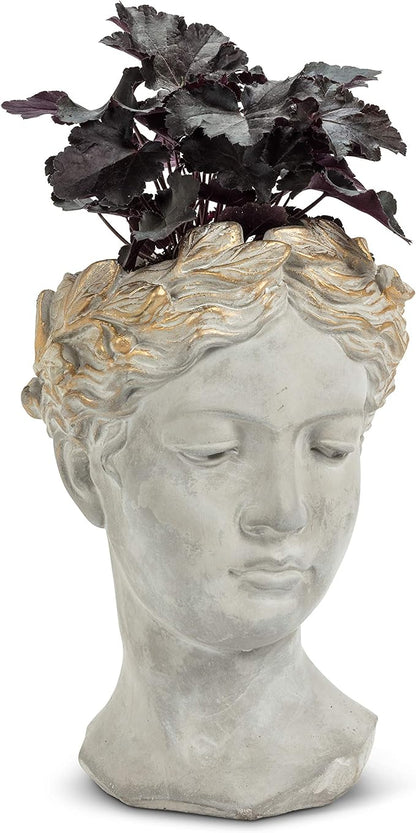 Abbott Collection Aphrodite Head Planter – Large Indoor and Outdoor Planter Pots - Whimsical Woman Statue Head Planter for Flowers and Succulents (Grey/Gold, 10" Tall, 4.5" Opening)