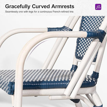PURPLE LEAF French Bistro Chairs Set of 2 Aluminum Wicker Rattan Hand-Woven Armchairs Outdoor Dining Chairs for Patio Kitchen Garden White Print Finish Deep Blue