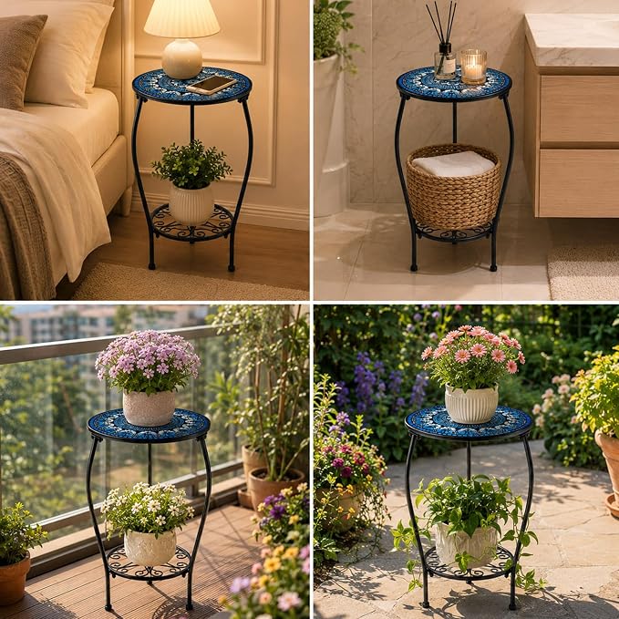 Two-tiered 13 Inch Metal Round Side Table Set of Two Small Black Outside End Table for Patio Round Accent Garden Corner Stand for Small Spaces Weather-resistant Outdoor Coffee Table for Balcony
