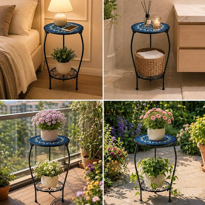 Two-tiered 13 Inch Metal Round Side Table Set of Two Small Black Outside End Table for Patio Round Accent Garden Corner Stand for Small Spaces Weather-resistant Outdoor Coffee Table for Balcony