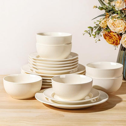 TheTerra Ceramic Dinnerware Sets for 6, 18 Pieces Porcelain Lightweight Plates and Bowls Sets, Scratch Resistant Dish Set, Oven, Microwave & Dishwasher Safe, Ivory