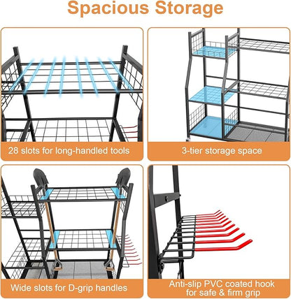Garden Tool Organizer with Wheels for Garage, Freestanding Garage Tool Organizer, Yard Tool Holder, Garden Tool Cart for Long Handled Tools,Rakes, Brooms, Yard Storage Rack for Shed, Indoor, Outdoor
