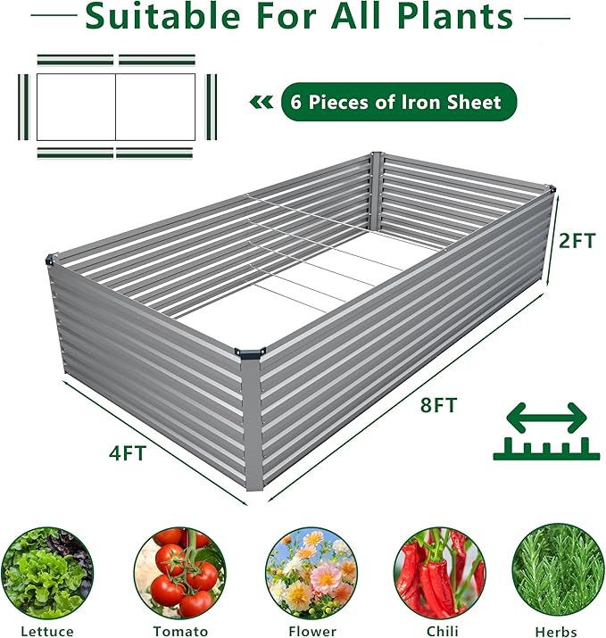 DIIYIV Galvanized Raised Garden Bed Kit Outdoor Patio,8x4x2ft Large Rectangular Metal Planter Boxes,Deep Root Box Planter for Gardening,Vegetables,Flowers,Herbs-Silver