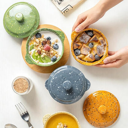 Ceramic Mini Cocotte Set of 4 for Oven,10 Oz Small Casserole Dishes with Handles and Lid,Individual Serving Pot for Souffle,Soup,Cobbler,Stoneware Baking Ramekins,Assorted Colors