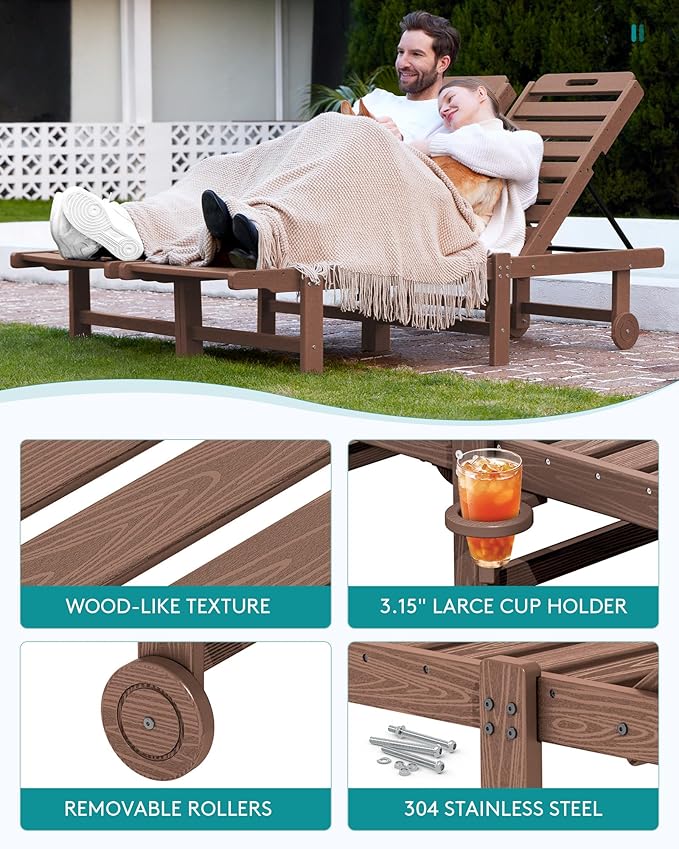 SERWALL Patio Chaise Lounge Set of 2, Outdoor Lounge Chair with 5 Positions Adjustable Backrest, HDPE Lounger with Rolling Wheels & Cup Holder for Poolside, Beach, Garden, Brown