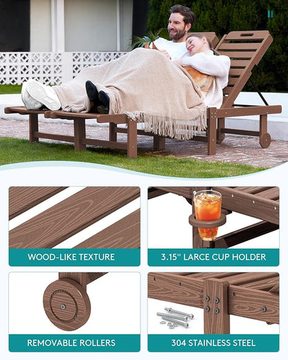 SERWALL Patio Chaise Lounge Set of 2, Outdoor Lounge Chair with 5 Positions Adjustable Backrest, HDPE Lounger with Rolling Wheels & Cup Holder for Poolside, Beach, Garden, Brown