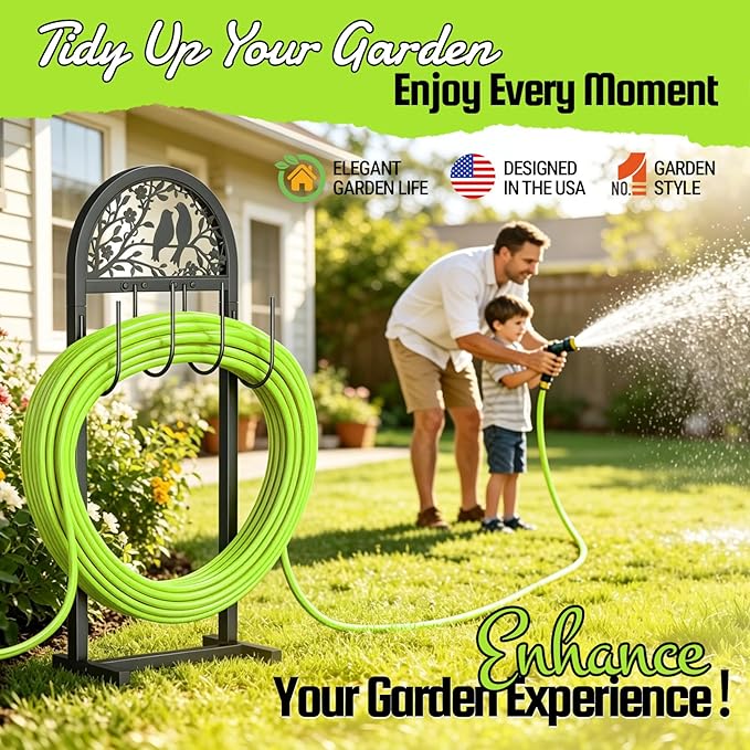 2 Pack Garden Hose Holder, Water Hose Stand with 4 Stake, Heavy Duty Metal Hose Hanger Holds 150Ft, Freestanding Hose Storage Rack for Outside,Yard & Lawn Garden