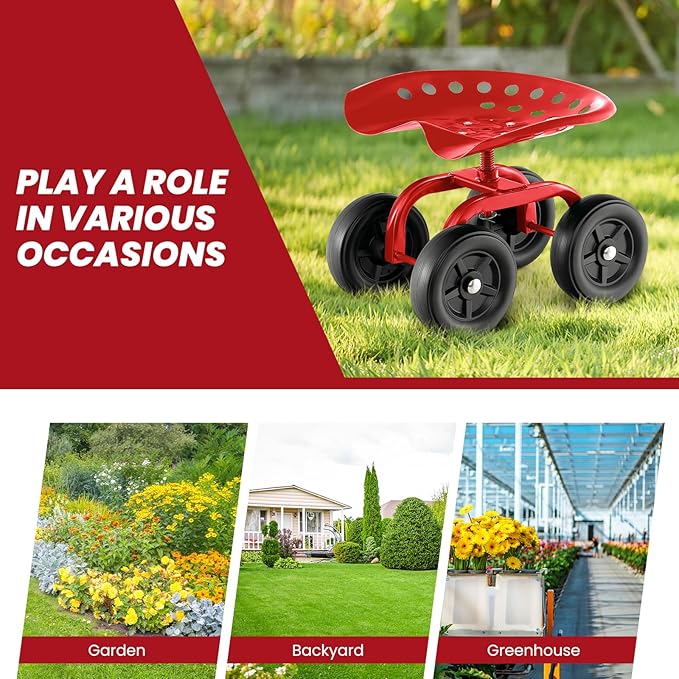 Giantex Garden Cart, Rolling Workseat with 4 Wheels, Garden Stool 360° Swivel Work Seat & Adjustable Height, Heavy Duty Wagon Scooter for Gardening for Patio Garden, Lawn, Yard (Red)