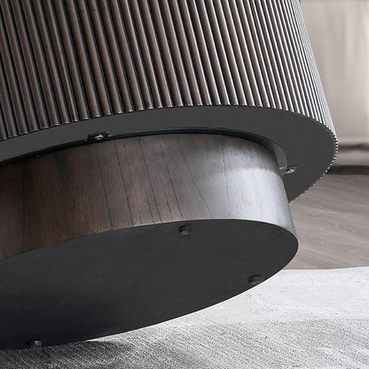 kevinplus ø35.43'' Round Faux Marble Coffee Table & Side End Table Set of 2 for Living Room, Modern Contemporary Circle Drum Embossment Fluted Pedestal Wooden Design, No Assembly (Dark Brown, 2-Pcs)