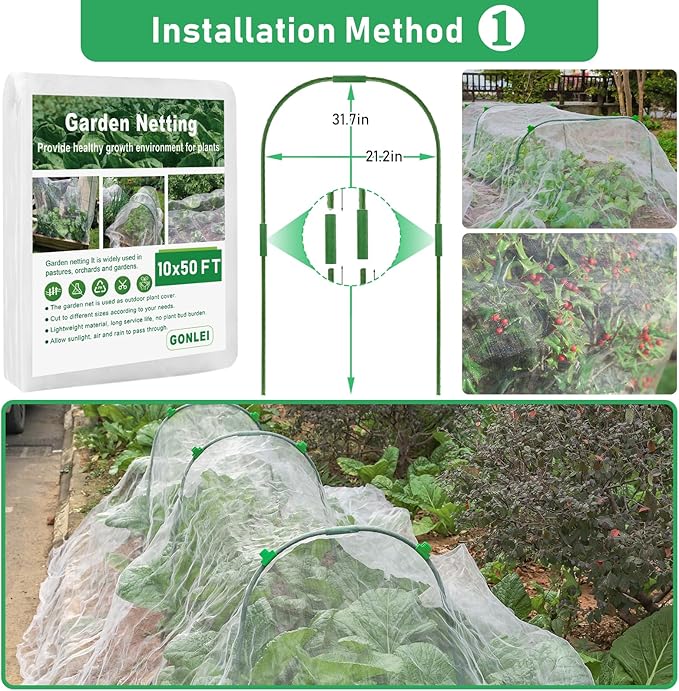 GonLei 10x 50FT Garden Mesh Netting Kit Raised Beds (6 Pcs Garden Hoops & 18 Clips) Garden Hoops Plant Netting Protection Row Covers Berry Bush Truit Trees Vegetables Grass Seed Barrier Net