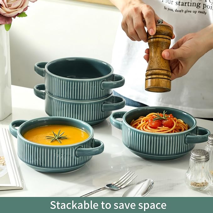 Soup Bowls with Handles, 23 oz French Onion Soup Crocks, Stackable Soup Bowl Oven Safe for Chili, Beef Stew, Embossment Ceramic Bowl Set - 5.4 Inch, Set of 4,Light blue