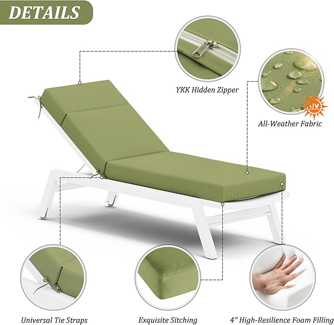 Chaise Lounge Cushion for Outdoor Furniture, Waterproof Fade and Tear Resistant Lounge Deck Chair Cushions for Patio Lawn Pool Resort Hotel