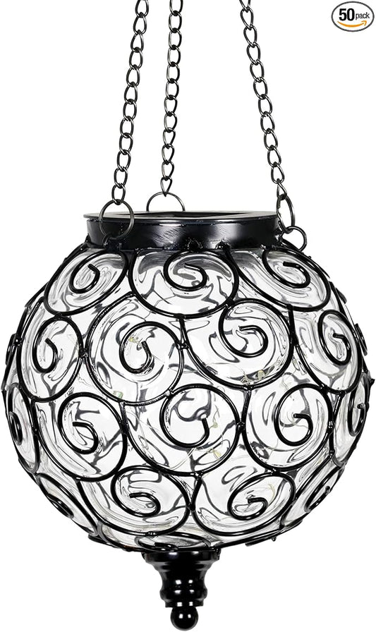 Solar Hanging Lantern Outdoor Garden Lights, Round Glass and Metal Hanging Lantern, 15 Firefly LED Lights, 7 x 20 Inch (Clear)