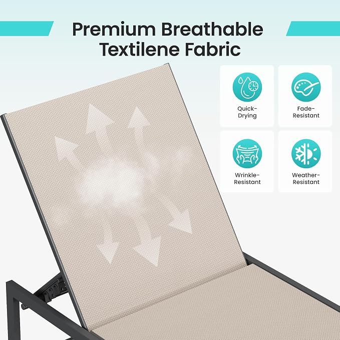 Amopatio Outdoor Lounge Chairs Poolside Chaise Lounge for Patio | Weather Resistant Rust Free Frame Breathable Textilene 5-Position Adjustable Backrest 400 LBS Capacity