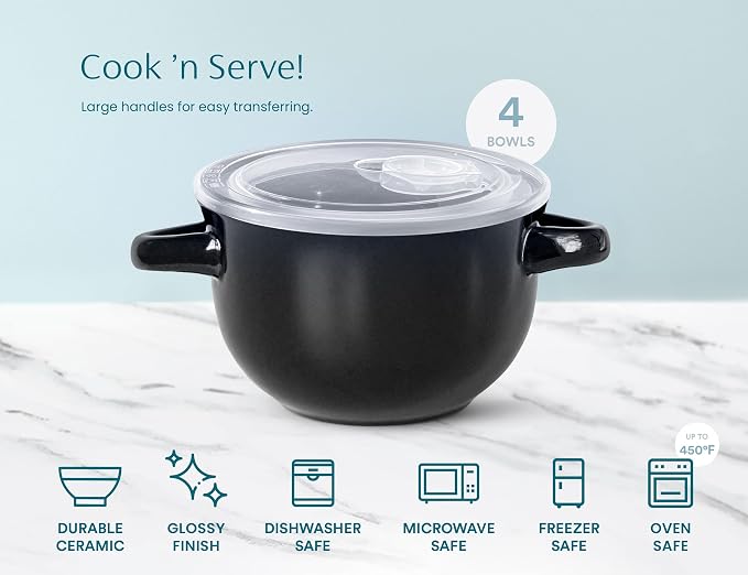 KooK French Onion Soup Crocks with Handles, Ceramic Bowls, for Rice, Dessert, Pasta, Dishwasher, Microwave, Oven & Broil Safe, Black, Set of 4, 18 oz