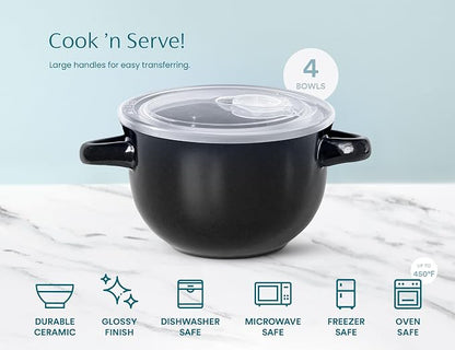 KooK French Onion Soup Crocks with Handles, Ceramic Bowls, for Rice, Dessert, Pasta, Dishwasher, Microwave, Oven & Broil Safe, Black, Set of 4, 18 oz