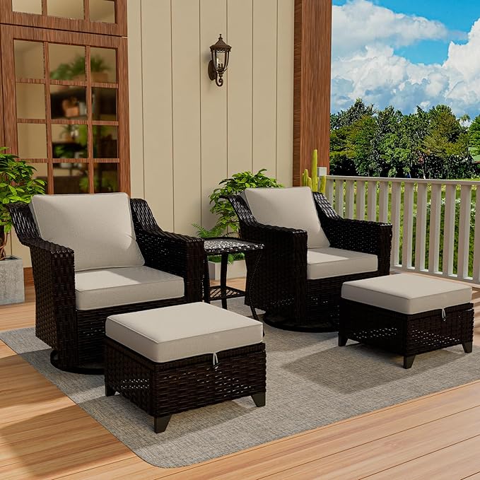 Vista Vibe 5 Pieces Outdoor Rattan Patio Conversation Furniture Set - 360 Degree Swivel Glider Rocker Chairs | Coffee Table | 2 Wicker Ottomans, Premium & Washable Cushions, Terrace (Brown/Beige)