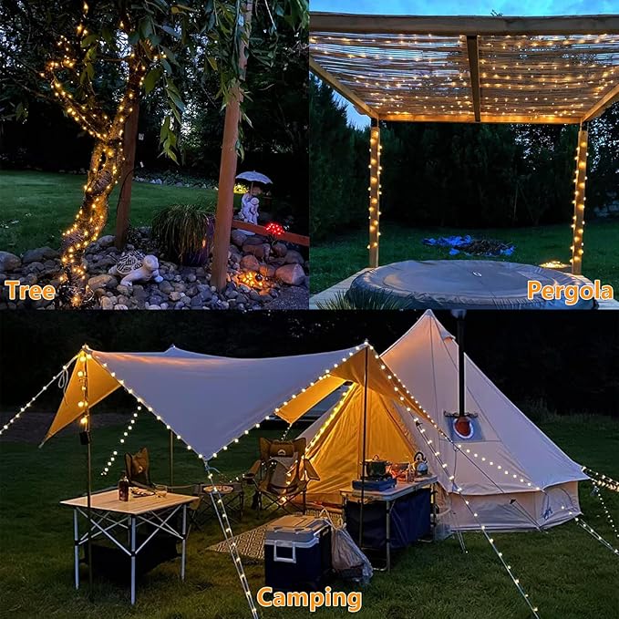 YEGUO 4 Pack Warm White Solar Fairy Lights, Each 33ft 100 LED Christmas Lights Outdoor Waterproof, 8 Modes Sliver Wire Solar String Lights