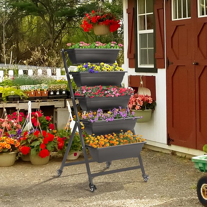 5 Tier Vertical Raised Garden Bed,Plastic & Metal Tiered Planter Stand,Foldable Indoor/Outdoor Plant Display Rack,Flower Planter Raised Stand,with Wheels,for Patio Lawn Porch Yard Balcony (Black)