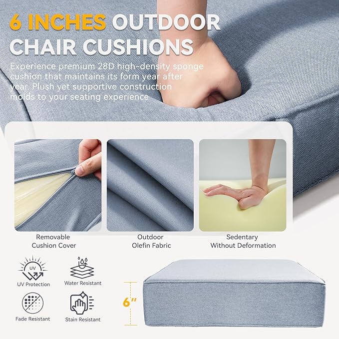 Outdoor Cushion Set for Furniture Patio Furniture, UV Resistant, Water Resistant - 6 Inch Thick Foam Garden Cushions – 22x24 Inch Patio Seat Covers for Chair/Sofa/Couch | Baby Blue | 8-Pack |